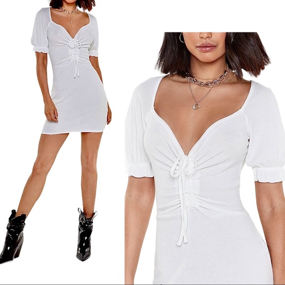 Nasty Gal Dresses & Skirts - Nasty Gal Puff Sleeve Ruffle Cuff Ruched Lace Up Plunge Neck Mini Dress White 6